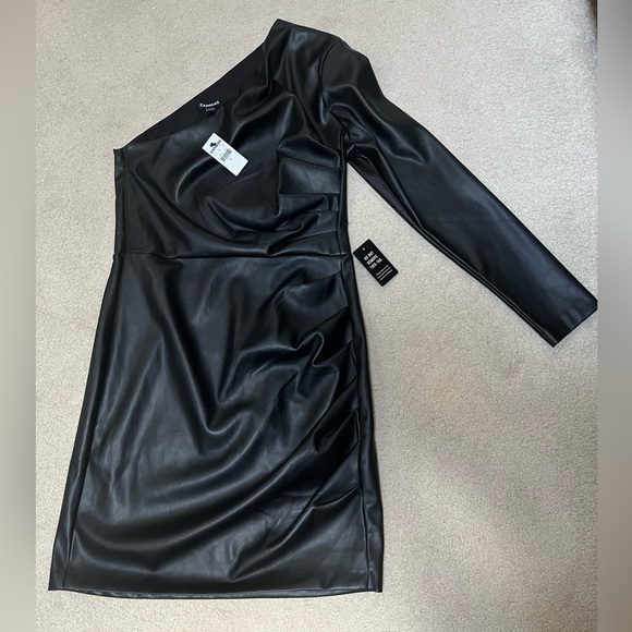 Express - Black Faux Leather One Shoulder Mini Dress Size M - Picture 5 of 6
